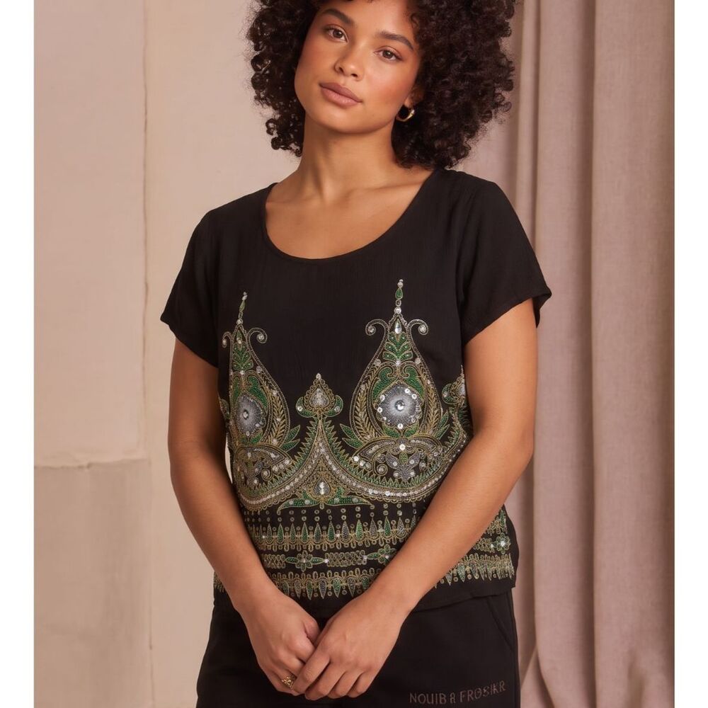 Twiggy London Beaded Embroidered Black Cotton Blouse Indian Boho Women's Large